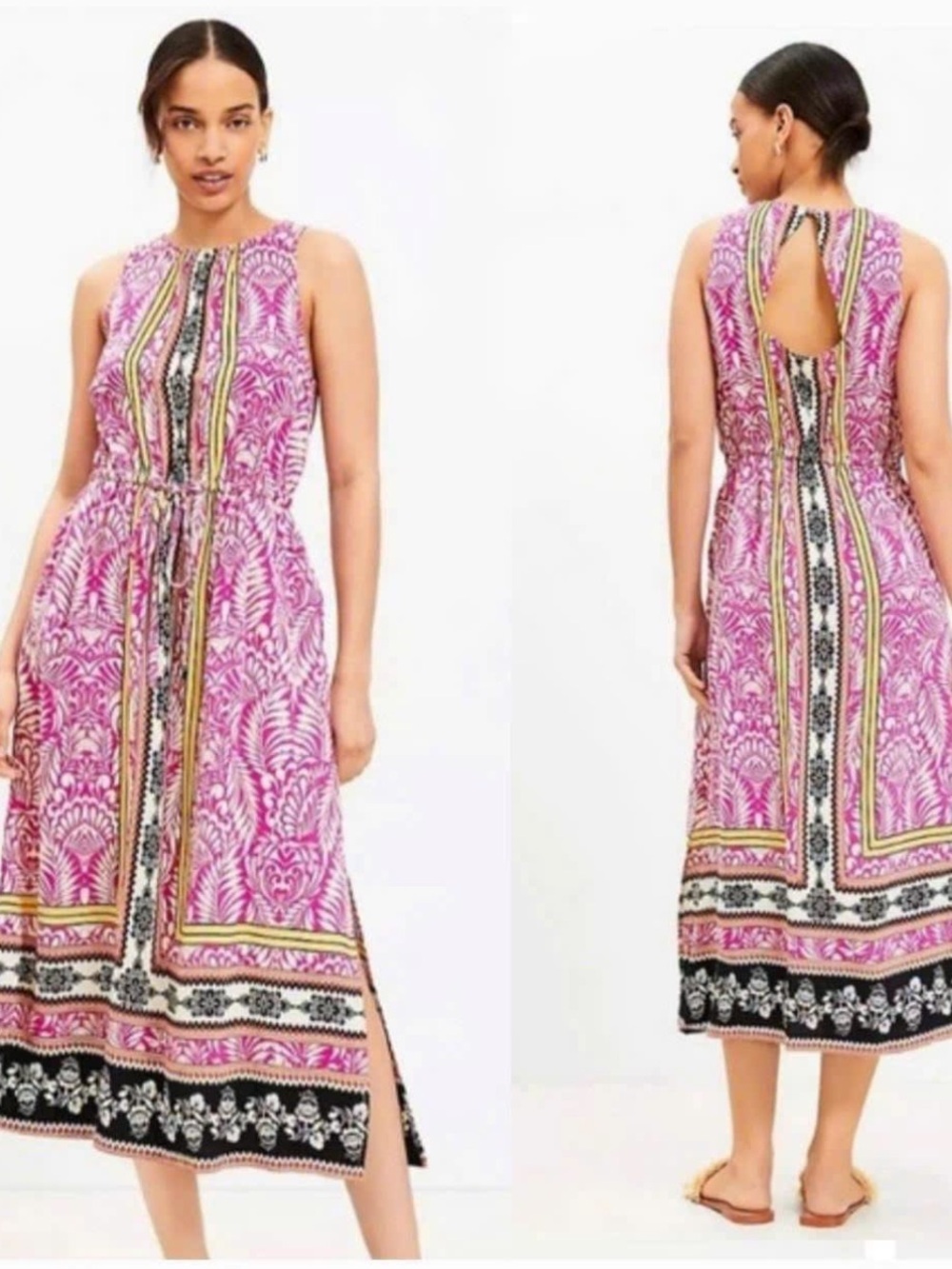 BNWT LOFT Palm Pink Printed Midi Dress with Pockets